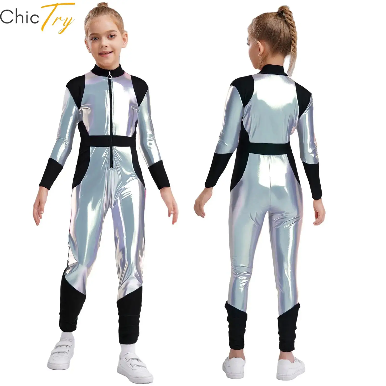 

Kids Girls Alien Costume Halloween Cosplay Party Romper Long Sleeves High Waist Metallic Jumpsuit Outer Space Athletic Bodysuit