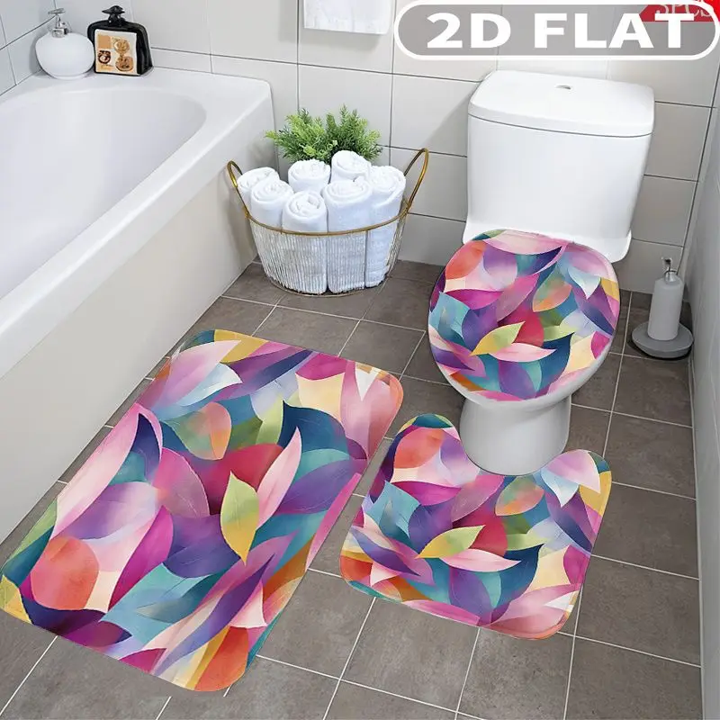 

3pcs Bathroom Rug Set Colorful Abstract Geometric Leaf Design Non-Slip Includes Bath Rug Contour Mat and Toilet Lid Cover Mat