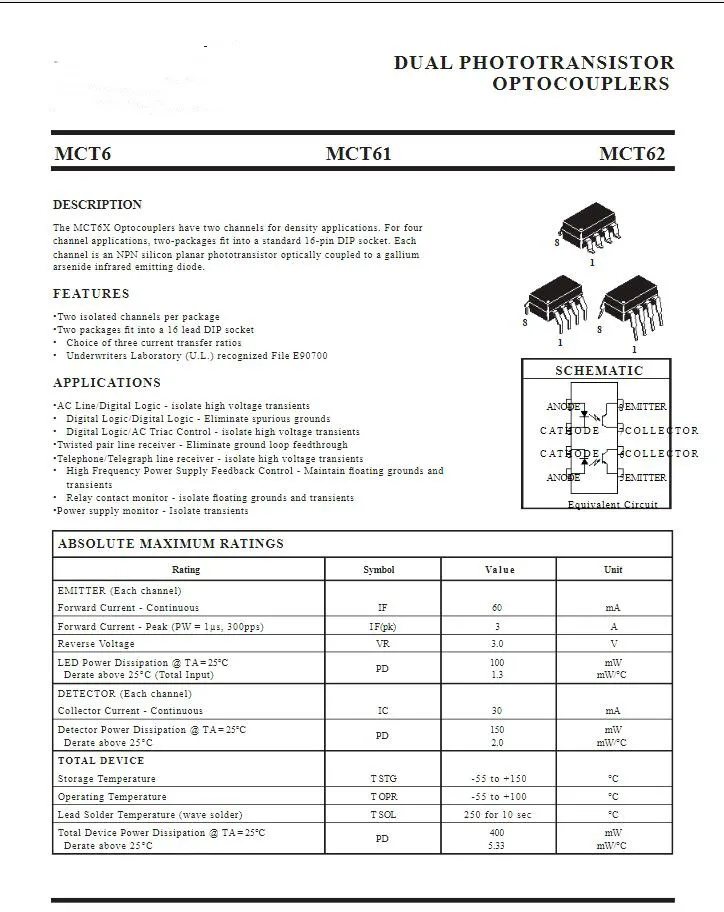 10Pcs/lot MCT6  MCT61  MCT62  DIP-8 DUAL PHOTOTRANSISTOR OPTOCOUPLERS 100% new imported original 100% quality