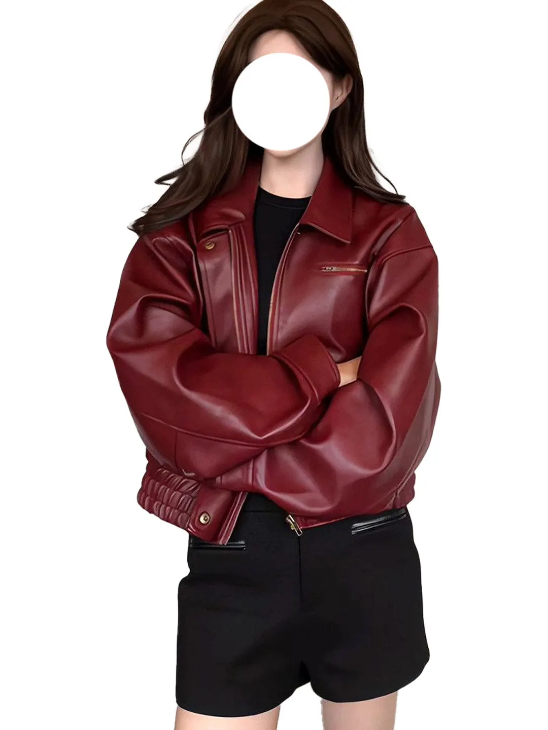 Retro American Sle ort Leather Jaet Women's Red Faionable Coat Korean Sle Zipper ket Novel Polyester Fiber