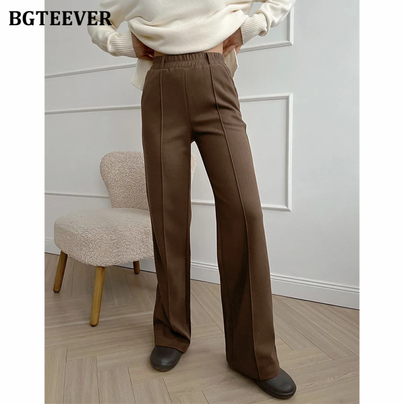 BGTEEVER Autumn Winter Elastic Waist Ladies Woolen Pants Stylish Loose Pockets Woolen Long Trousers for Women