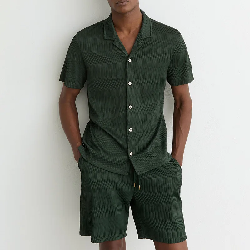 2026 Casual Fashion Striped Lapel Button Shirt Shorts Two-piece Sports Suit Men's