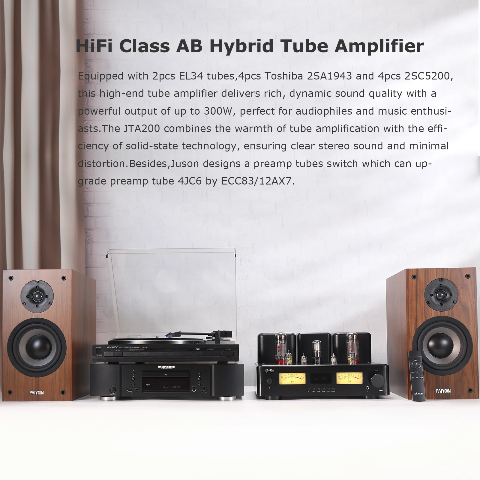 Juson Audio JTA200 300W EL34 Amplificatore valvolare HiFi Amplificatore valvolare ibrido con BT5.4 Phono Coassiale AUX Opt Ingresso PC-USB Cuffie Sub Out EU
