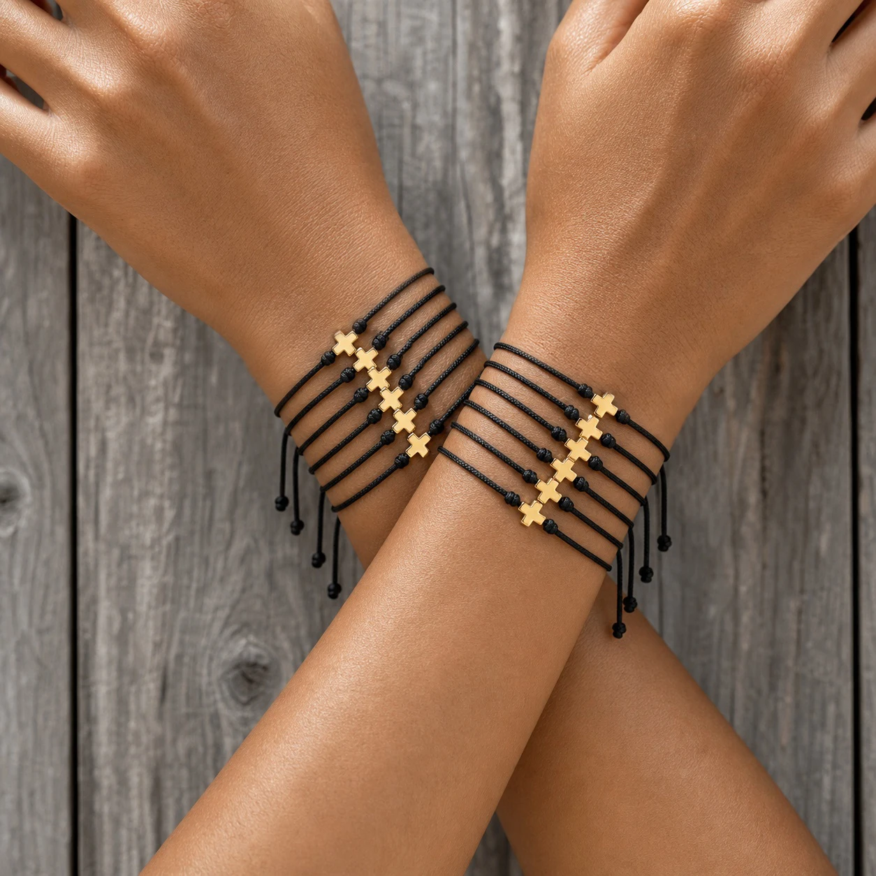 12pcs Black Cotton Cord Cross Bracelet with Copper Charm and Beads Adjustable Tie Closure Christian Beach Style for Women Men