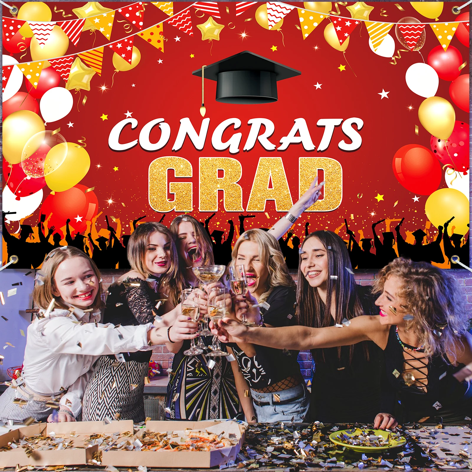 Congrats Grad バナー背景装飾セット 卒業パーティー用品用 ブラックとゴールド 卒業バナー