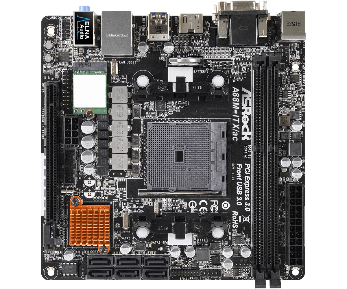 

Материнская плата ASRock A88M-ITX/ac Mini-ITX AMD A88X DDR3 32 ГБ 2400+ M.2 Socket FM2+ с поддержкой процессора A10 AD 7800 A6 AD740 A4 AD4020