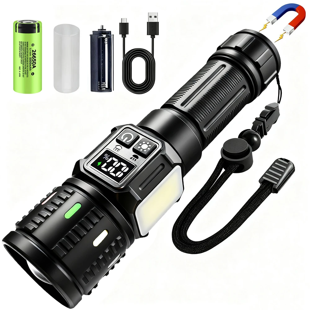 

2026 New USB Rechargeable LED Flashlight 18650/26650 Super Bright Flash Light Long Lasting Daul Light Source for Camping Hiking