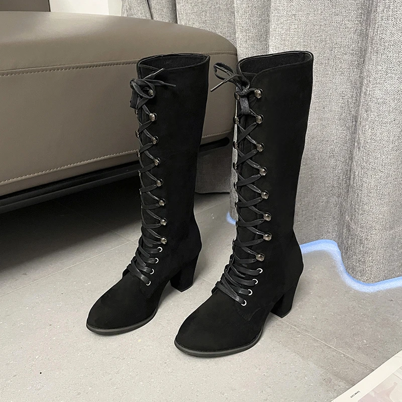 Scarpe da donna 2023 Winte New Knee High Boots donna Fashion Lace Up stivali da donna stivali lunghi in pelle scamosciata con tacco quadrato Zapatos