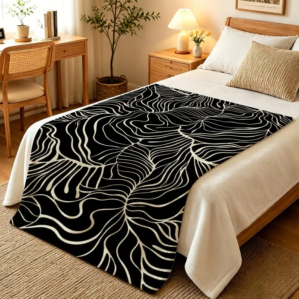 Abstract Tropical Leaf Line Pattern Throw Blankets Soft Warm Flannel Blanket Bedding for Bed Living room Home Sofa