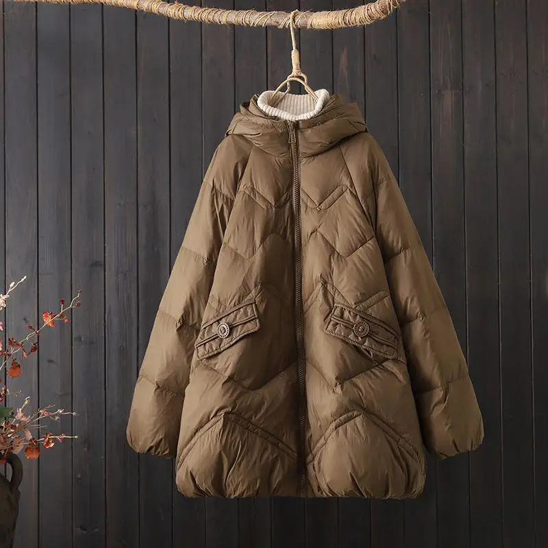 

Корейская белая пуховая куртка для женщин, свободного кроя, зимнее пальто, модная верхняя одежда больших размеров, теплая, с длинными рукавами, на молнии