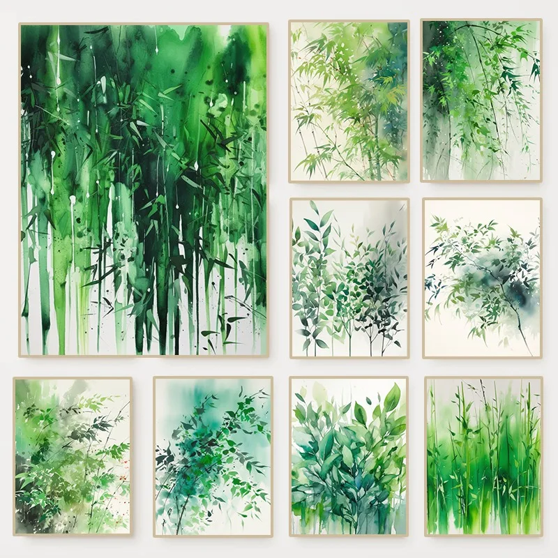 Affiche de feuilles vertes vibrantes en aquarelle japonaise, peinture sur toile minimaliste et paisible à l'encre, art mural zen pour la décoration de la maison