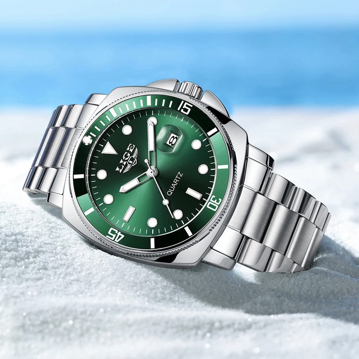 LIGE Fashion Watch Casual Clock Montre Homme Men Quartz Watch Luminous  Calendar Green Water Wok Ghost Sport Men Wristwatch