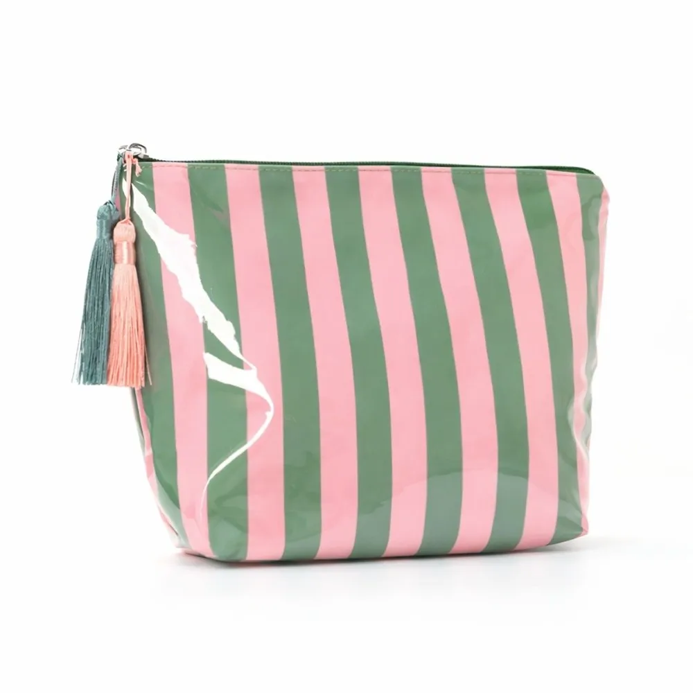 Portable Fringed Travel Toiletry Bag Large Capacity Zipper Closure PVC Striped Cosmetic Bag Glossy Cute Design Makeup Brush Bag
