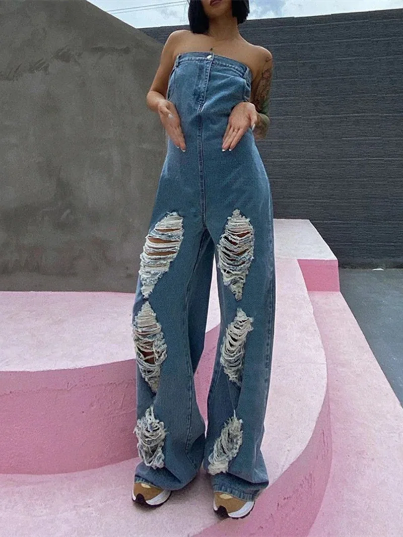 

Fashion Ripped Denim Jumpsuits Summer Clothing Women 2026 Holes Strapless Straight Jeans Rompers Playsuits One Pieces Overalls