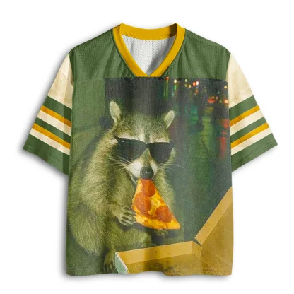 Cool Raccoon Eating Pizza Graphic Mesh V Neck T-shirt Men Summer Funny Animal Casual Tee