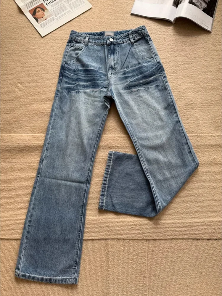 Washed Denim Jeans Men's Spring Autumn Cleanfit American High Street Casual Straight Leg Long Pants Lightning Crack Pattern