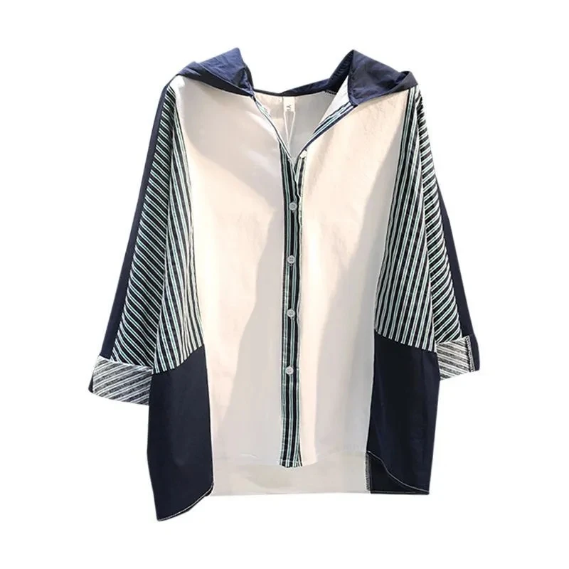 Summer 2025 Fashion Splicing Stripe Hooded Women Shirt Loose Asymmetrical Long Sleeves Sun Protection Clothing Shirt Female Coat