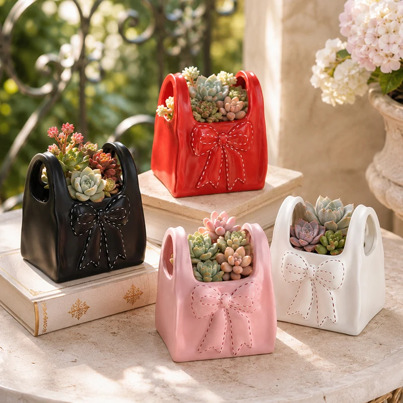 Cute Handbag Succulent Planter Bow Knot Resin Flower Pot Tote Bag Plant Container for Desktop Balcony Garden Home Decor Gift