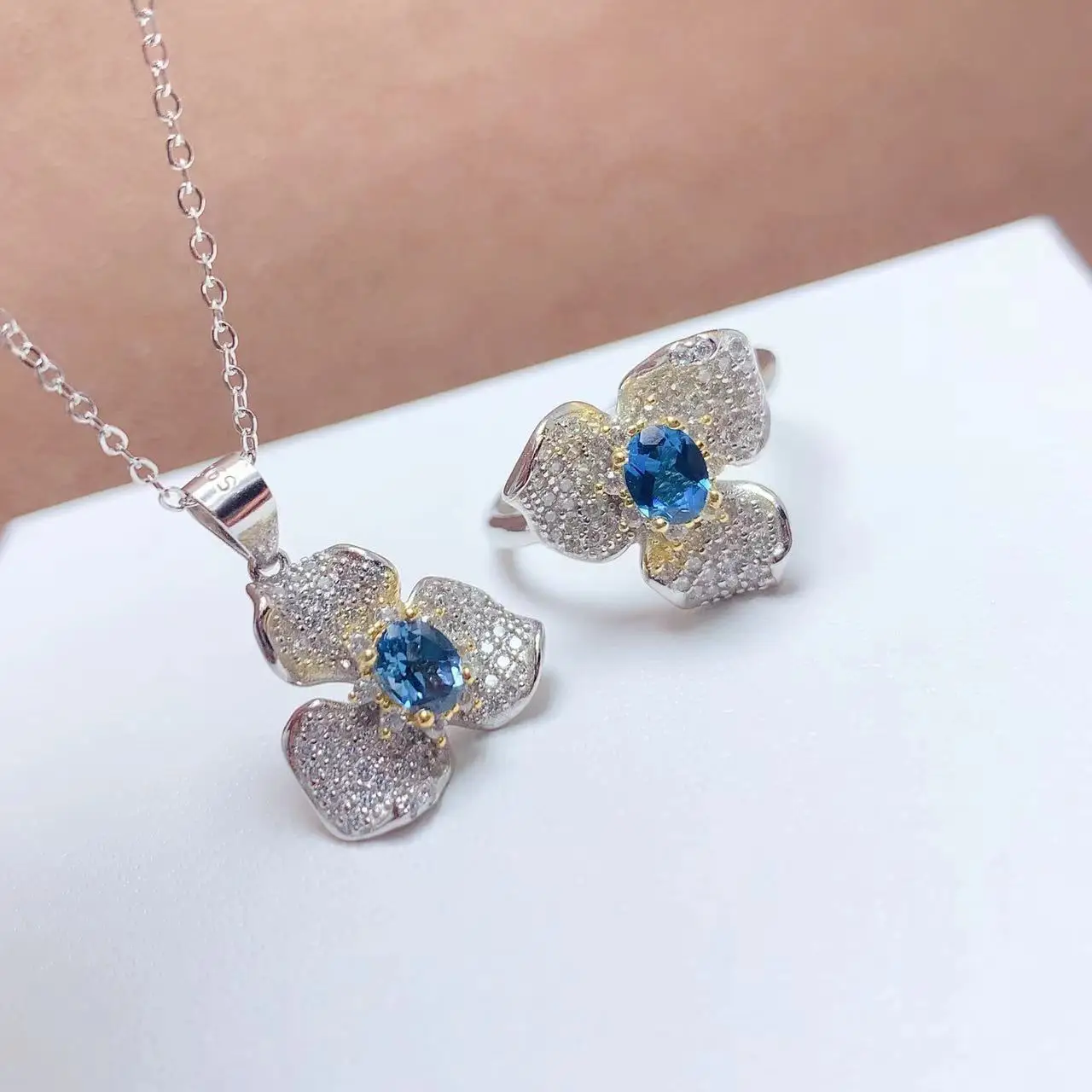 Elegant 925 Silver Ring and Pendant Jewelry Set for Daily Wear 3*4mm Total 0.3ct VVS Grade Natural London Blue Topaz Jewelry Set