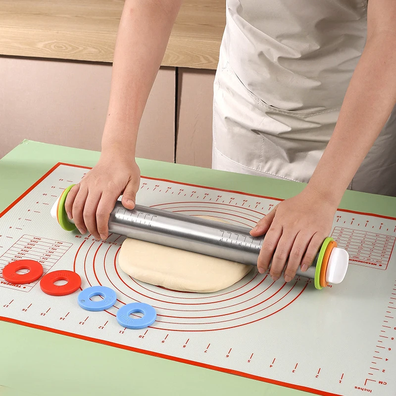 43cm Stainless Steel Rolling Pin with 4 Removable Rings Adjustable Dough Roller Pizza Pastry Rolling Mat Cake Cookie Baking Tool