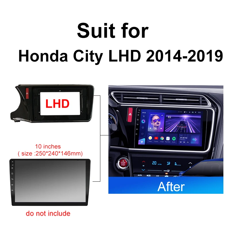 10inch Android car audio radio frame fascia for Honda City 2014-2019 2din dvd dash mount kit panel wire cable adapter