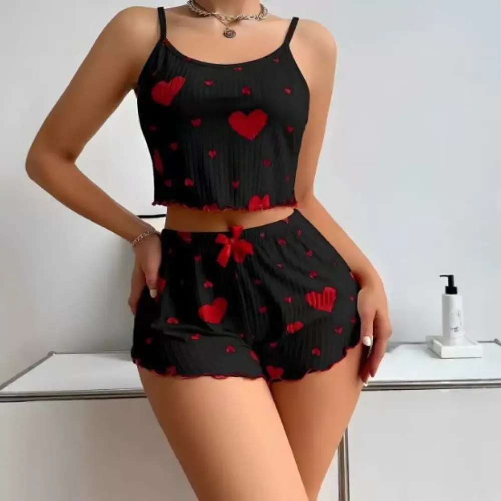 Fashion Summer Thin Pajamas Solid Color Polyester Leisure Suit Homewear Set Sling Shorts Female