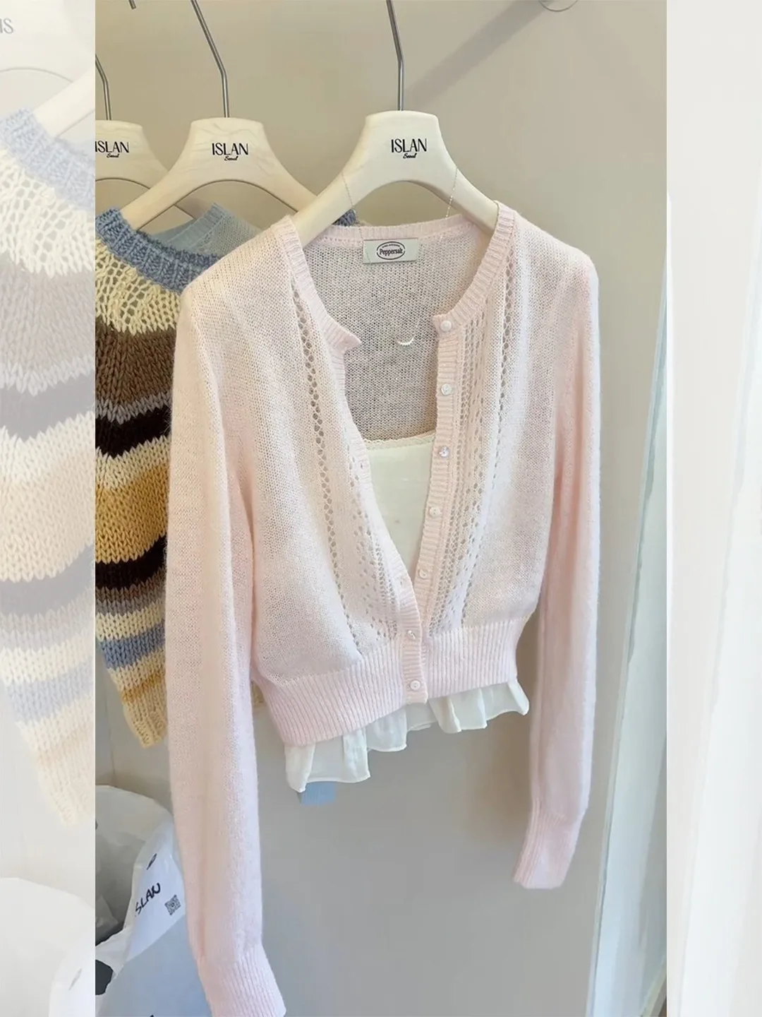 

Розовый ажурный вязаный кардиган для женщин, уникальная красивая верхняя одежда для ранней весны в корейском стиле, стандартный крой, с длинными рукавами