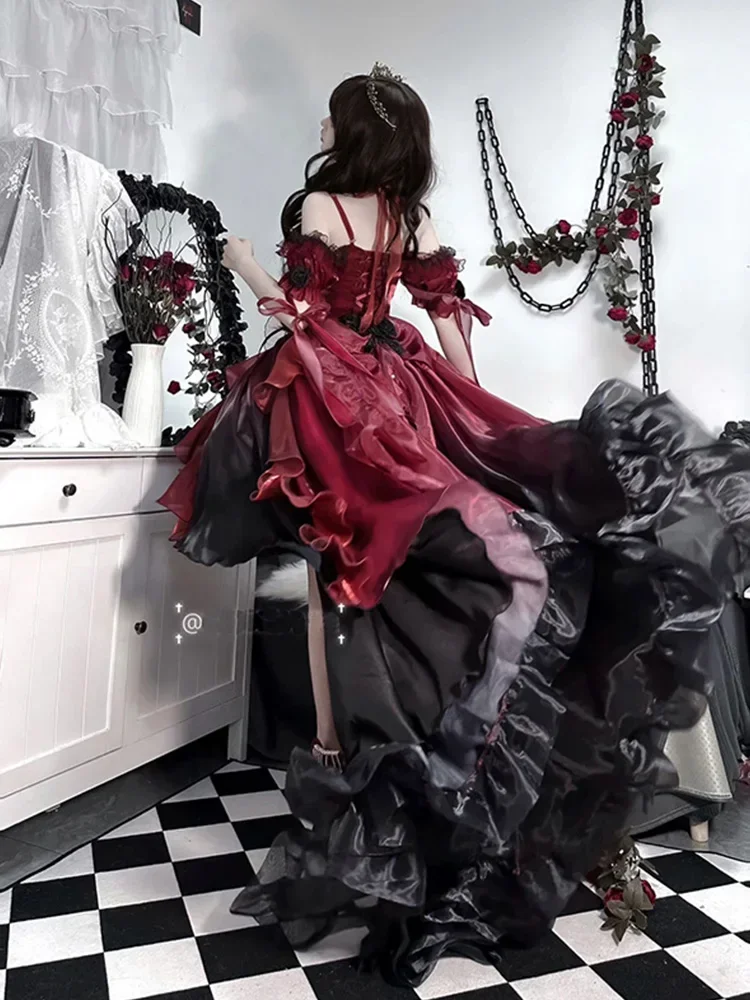 Dark Bride Red Flower Wedding Dress Cos Lolita Dress Op Dress Lolita Heavy Industry Trail Puffy Princess Dress, Lolita Cosplay