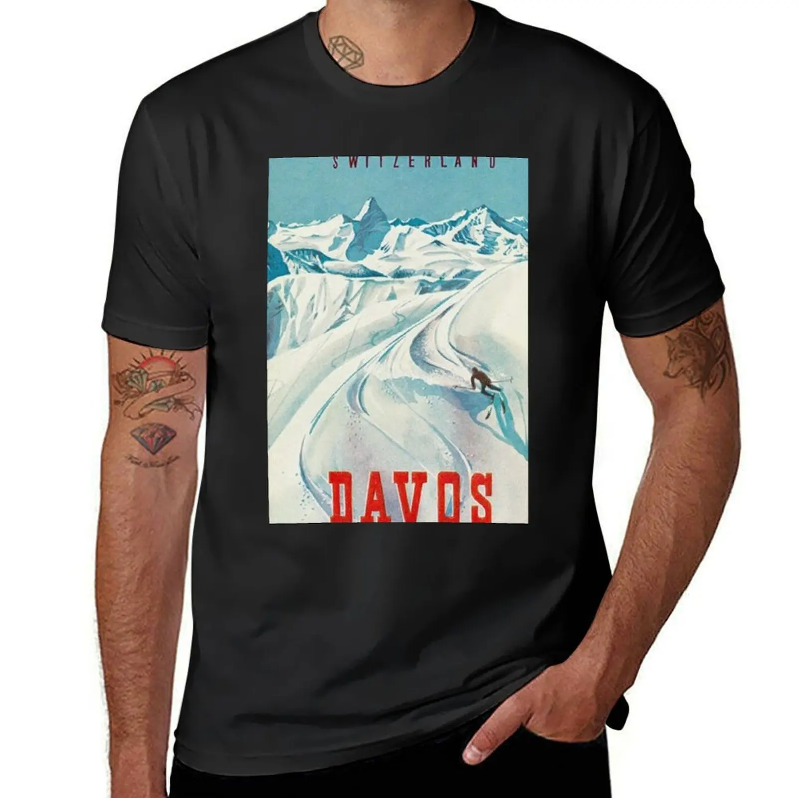 Davos Switzerland Vintage Travel Poster | Swiss Tourism Poster - T-Shirt anime clothes blacks cute tops Blouse tshirts for men