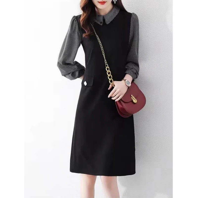 Spring Autumn Women Korean Fashion Vintage Plaid Patchwork Midi Dress Ladies Elegant Long Sleeve Slim All Match Dresses Vestidos
