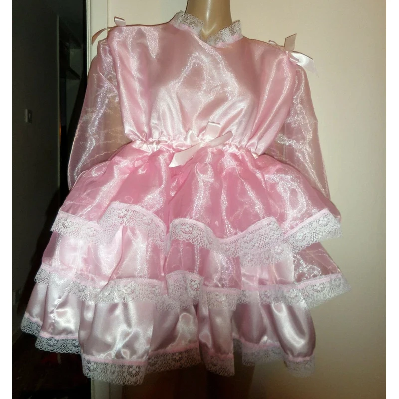 ABDL Adult Sissy Pink Satin Organza Dress Lace Bow Ruffle Sleeves Dress Princess Soft Silky Fluffy Cake Skirt COS Maid Dress