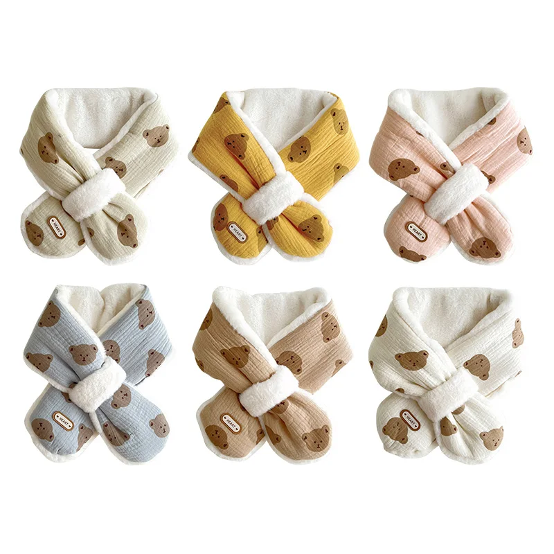 Korean Baby Winter Scarfs for Girls Boys Bear Fleece Children Neck Warmer Cross Warm Kids Scarves Baby Accessories 1-6Y