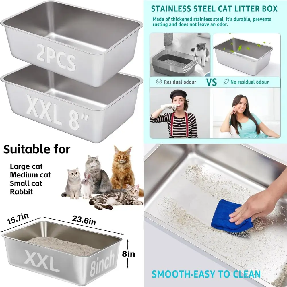 

XXL Stainless Steel Litter Box for Large Cats - 8 Inch Deep Metal Cat Litter Box with High Sides for Easy Clean and Pet Toilet C