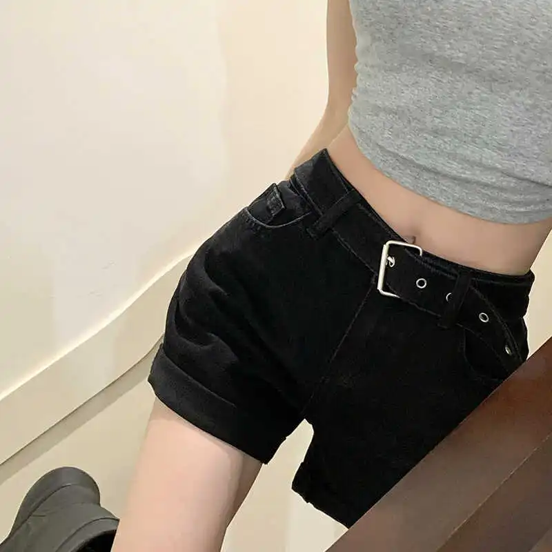 

Black Denim Short Shorts for Women High Waist Roll up Hem Casual Style with Belt Summer New Arrival Versatile Comfortable Jeans