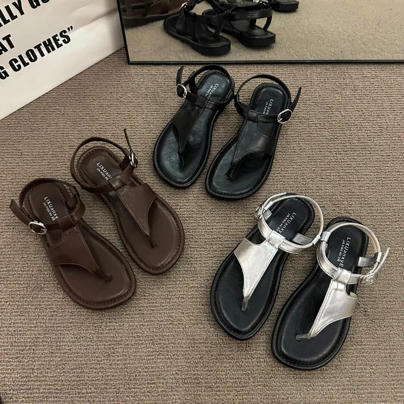 Black Flip Flops Women Flat Sandals Retro Ankle Buckle Beach Flats Shoes Brown Summer Shoes Sandalias 2024