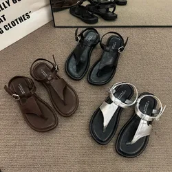 Black Flip Flops Women Flat Sandals Retro Ankle Buckle Beach Flats Shoes Brown Summer Shoes Sandalias 2024