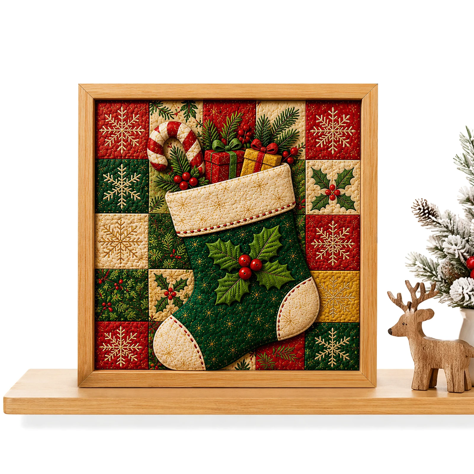 DIY Christmas Fabric Poke Art Decorations Kit for Adults & Beginner No-Sew, A1：7.87IN Mosaic Wall Art Craft with Frame and Tools