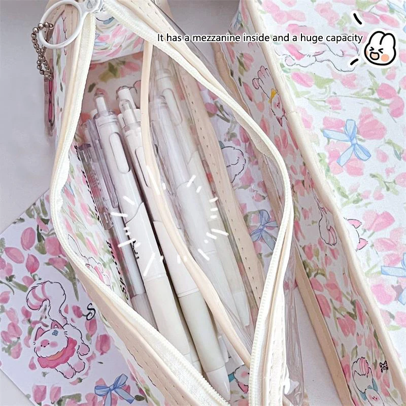 Милый розовый тюльпан, котенок, кошка, прозрачный пенал, большая емкость, портативные девчачьи косметички, студенческие канцелярские принадлежности, сумки для хранения ручек