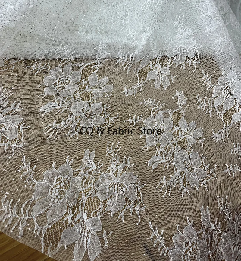 French Embroidered Lace Glitter Mesh Fabric For Wedding Dresses Designer Material By The Yard
