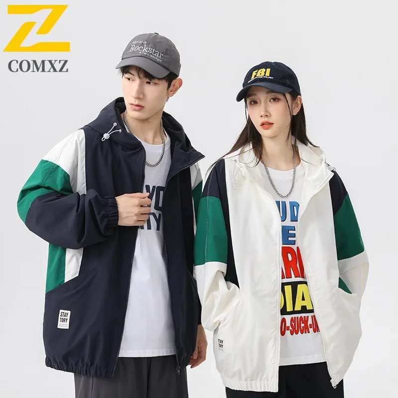 COMXZ 2025 Japanese Patchwork Hooded Jacket Men Women Heavyweight Waterproof High Quality Straight Pocket Coat
