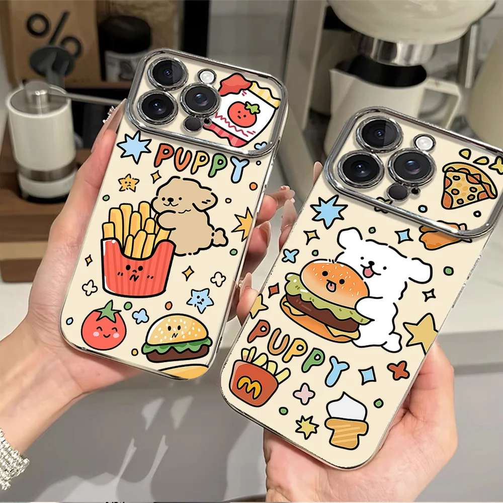 Line Puppy Cartoon Hamburger Cute Couple Electric Ferry Large Window Phone Case For IPhone 12 11 13 14 15 16 Max Pro Plus Shell