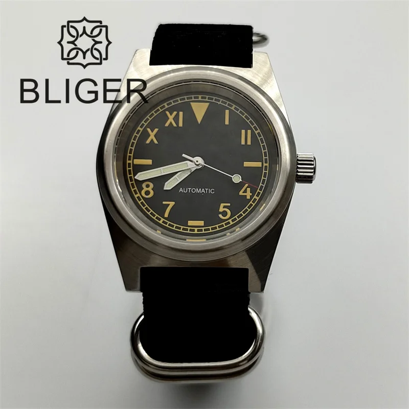 BLIGER 38mm Dive Watch for Men NH35 Automatic Brushed Case  Sapphire Crystal  California Dial Green Luminous Nylon/Rubber  Strap