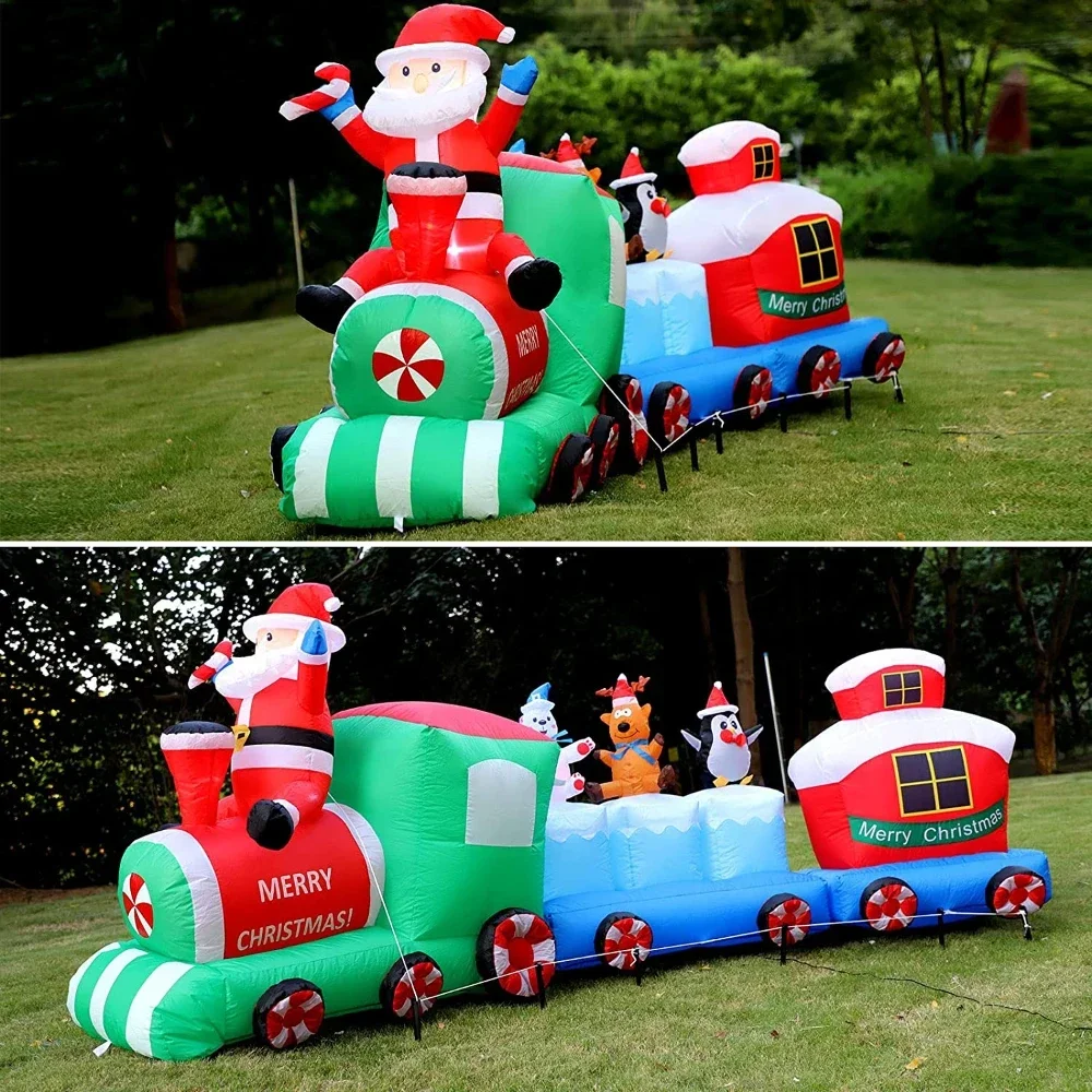 Christmas Inflatable Train with Colorful Lights Santa Claus Penguin Elk Outdoor Decoration for Holiday Lawn Garden Party Decor