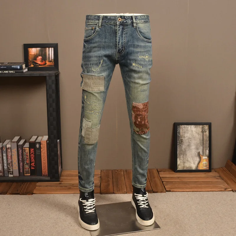 New Ripped Jeans Men'S Fashion Brand Stretch Slim Men'S Pants With Cloth Patch High Street Retro Blue Casual Denim Pants