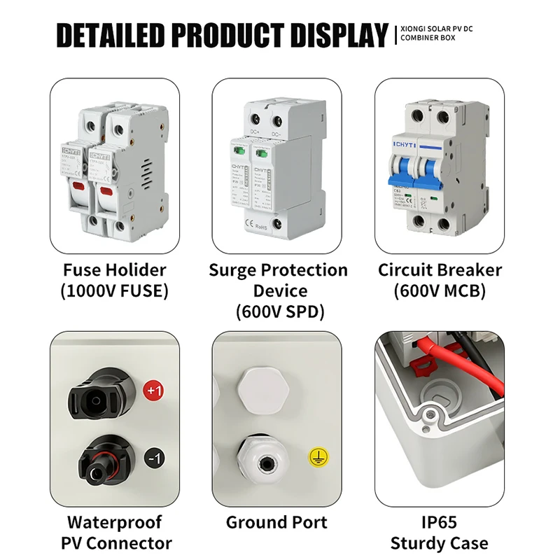 HT 3 in 3 out DC 600V Solar Photovoltaic PV Combiner Box With Lightning Protection 25A Fuse MCB SPD Waterproof IP65 Distribution