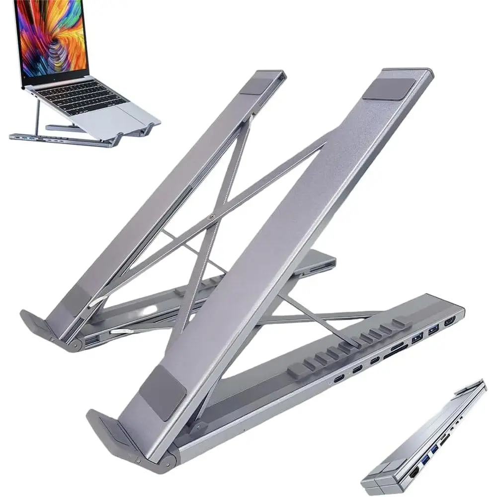 

2025 8-in-1 USB-C Laptop Stand Dock with 4K HDMI, Dual USB-A 3.0, Dual USB-C, 100W PD, SD/T Card Reader for Home and Office