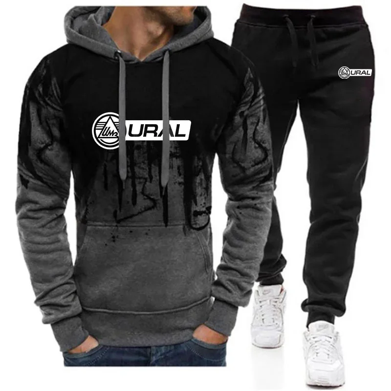 2024 New Russian Ural Motorcycle Men Fashion casual Spring Autumn Tracksuits Gradient Color Hooded Hoodie + Print Sweatpant Suit