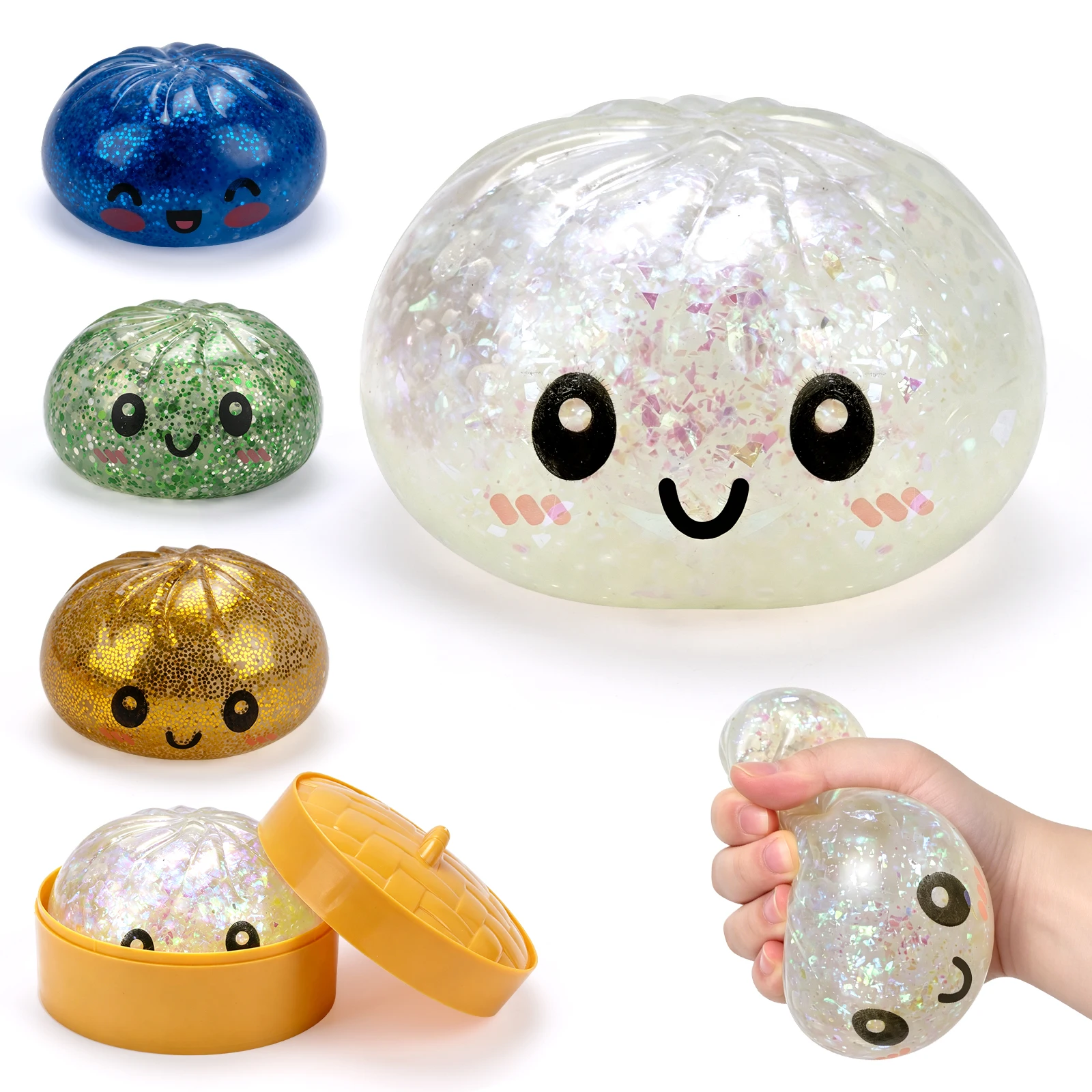 Simulated Steamed Buns Squishy Rebound Soft Squeeze Stress Ball with Bamboo Steamer Box Anti-Stress Toy Sensory Creative Gift
