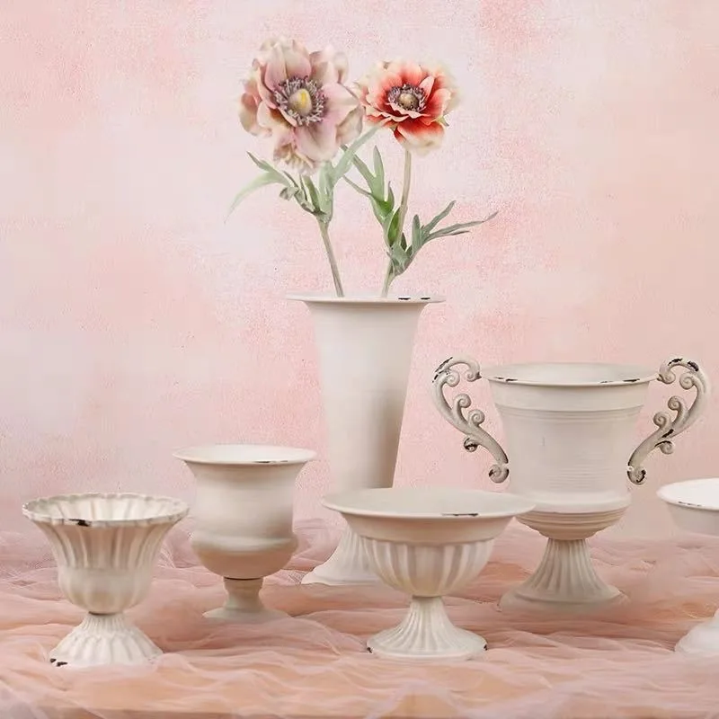 American retro white tall flower pot wholesale gardening dried flower wrought iron flower arrangement device