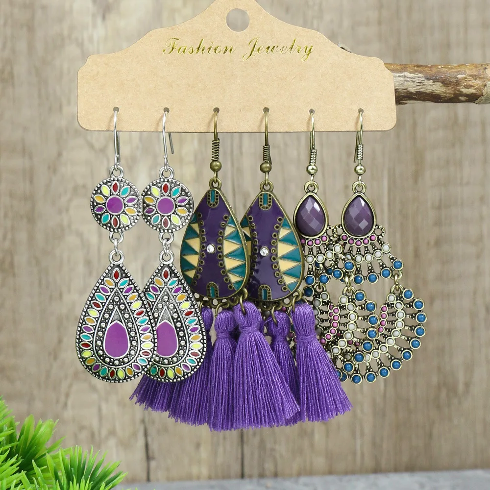 Bohemian Ethnic Style Earrings Set for Women Creative Retro Drop Oil Rhinestoen Water Drop Tassel Earring Female Jewelry